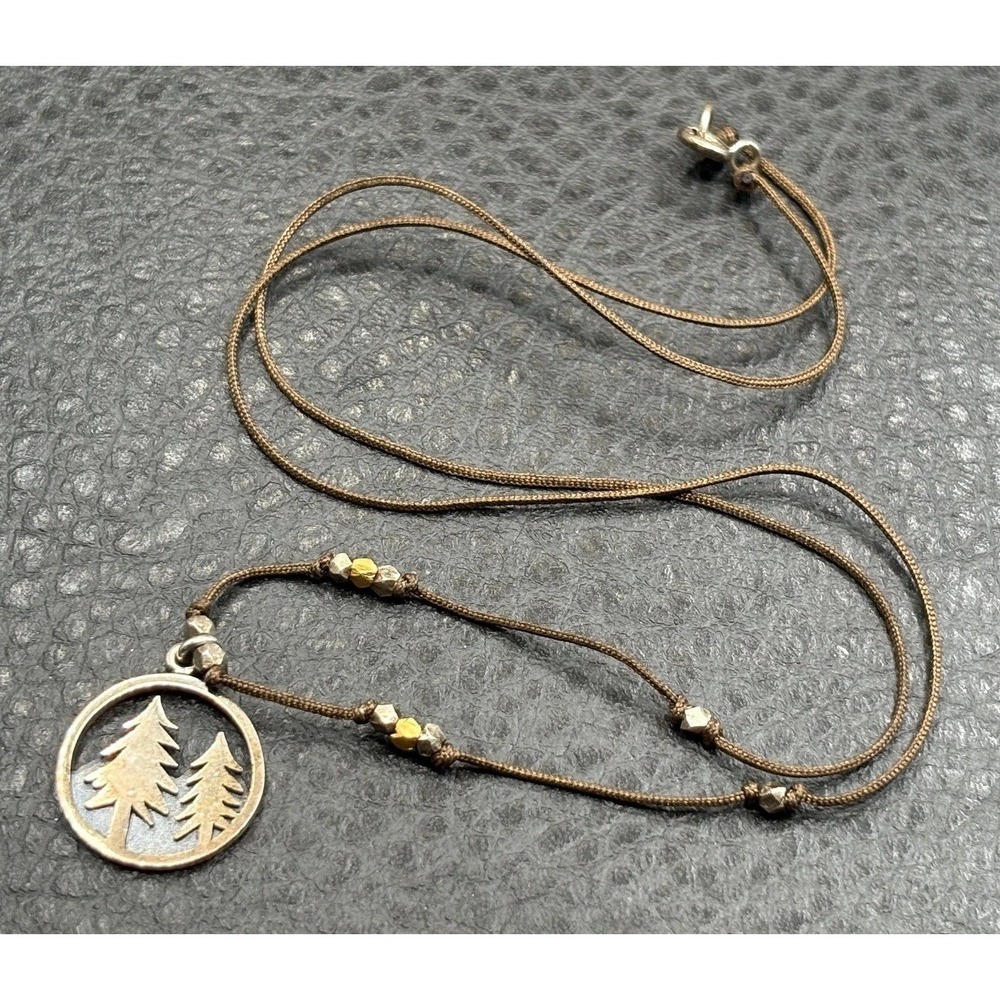 Sterling Silver 925 Mountain Pine Tree Pendant Cord Necklace Beaded 18in